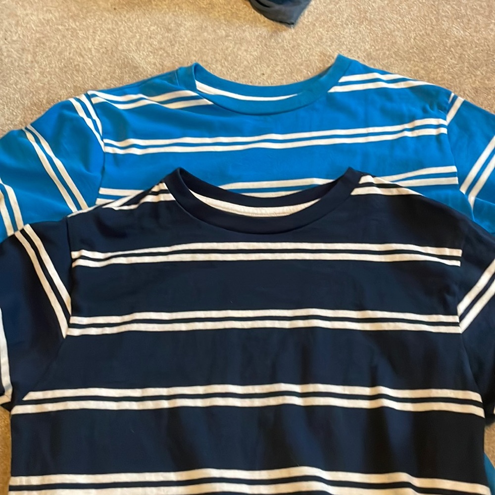 Dark and light blue short sleeved striped t shirts